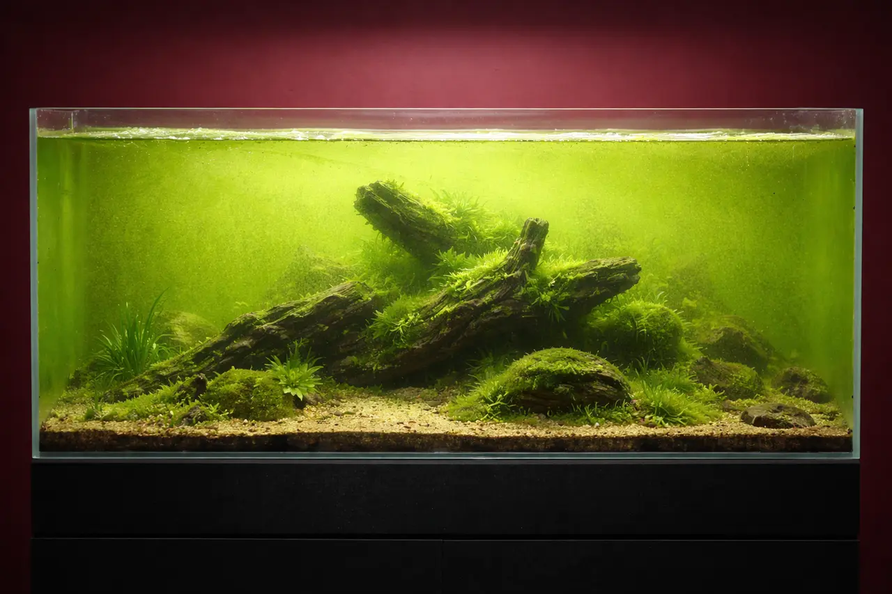 Film de alge praf verde acoperind sticla acvariului