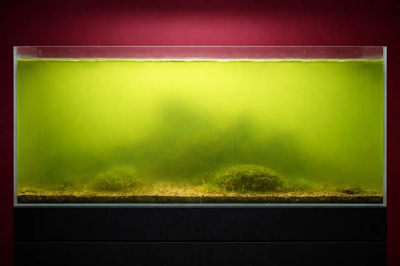 Aquarium with a green algae bloom